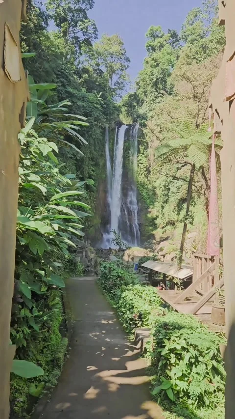 View of Git-git waterfall thru the gate, Bali, Indonesia Stock Footage 283519114