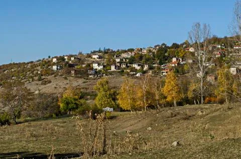 View of glade, hill, forest with deciduous trees and residential district Stock Photos