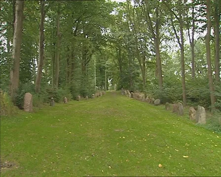 View from the Glavendrup stone at the stone ship + pan mound Stock Footage 43405238