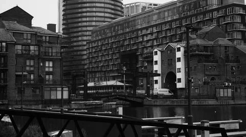 View of Glengall Bridge at Millwall Outer Dock in black and white Stock Photos