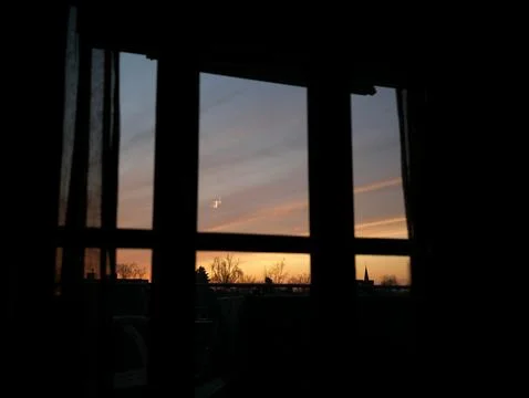 View Of Glowing Orange Sunset Through Window, Ultra Sharp Stock Photos