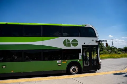 View of GO Transit double decker bus in Ontario. Burlington, Canada - August 5, Stock Photos