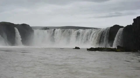 View of the Godafoss waterfall on a cloudy day, Iceland Stock Footage 33794344
