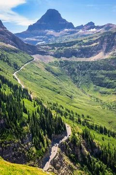 View of Going-to-the-sun road leading towards Reynolds mountain Stock Photos