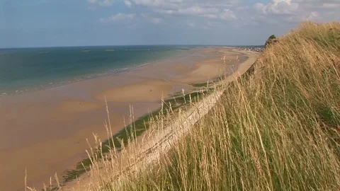 View of Gold beach and Arromanches in background Normandy, France Stock Footage 101208379