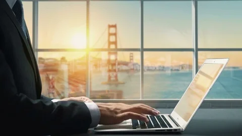 View of Golden Gate Bridge San Francisco California.Close up hand Businessman Stock Footage 85160413