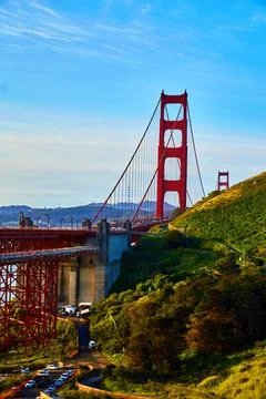 View of Golden Gate Bridge through hills on the north side Stock Photos