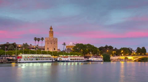 View of Golden Tower, Torre del Oro, of Seville, Andalusia, Spain Stock Footage 68218927