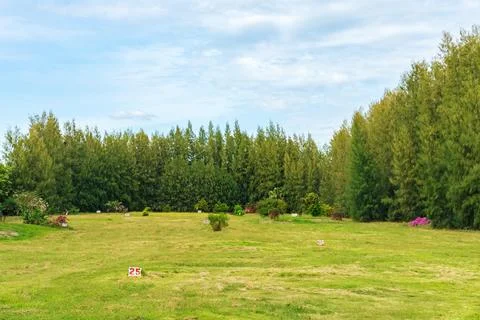 View of the golf driving range with grassy slopes and distance signs with a.. 스톡 사진