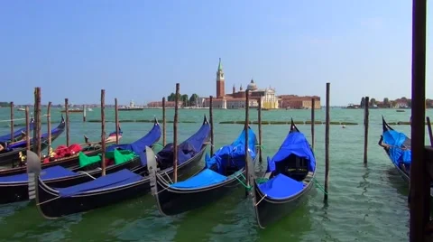 View of gondola's looking out to san giorgio maggiore Stock Footage 40136443