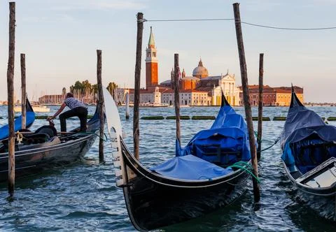 View of gondolas at sunset, Grand Canal. San Marco - Venice, Italy Stock Photos