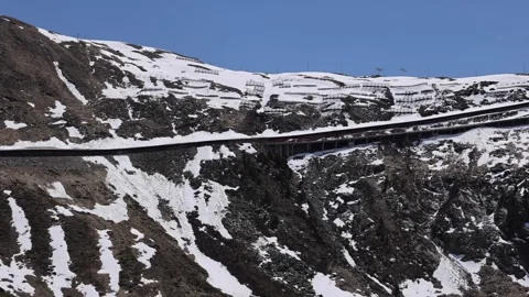 View of Gornergrat railway track in snowy mountains, Switzerland. Video stock 342284512