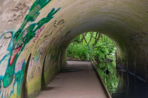 View From Graffiti Covered Tunnel Exit Leads To Lush Green English Countrys.. Stock Photos