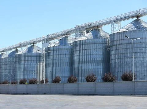 View of grain elevator against blue sky on sunny day. Cereal farming Stock Photos
