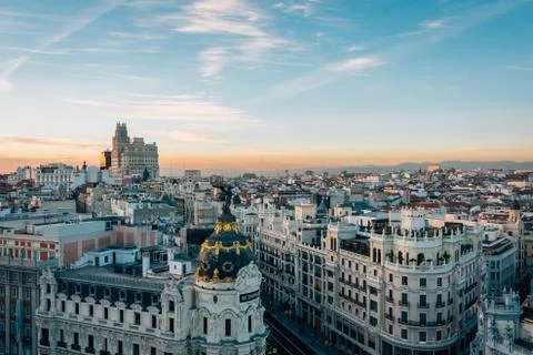 View of Gran Via from the Circulo de Bellas Artes rooftop at sunset, in Madri 스톡 사진
