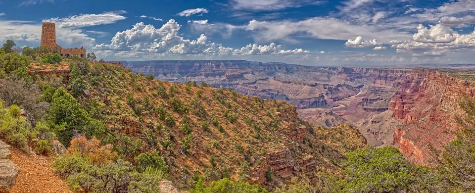 View of the Grand Canyon east of the historic Watch Tower, managed by the Stock Photos