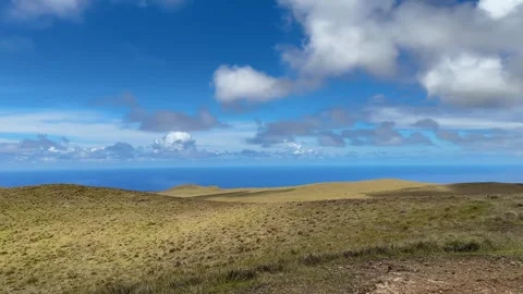 View of the grasslands and the Pacific Ocean from the summit of Terevaka Mo.. 库存影片 333951464