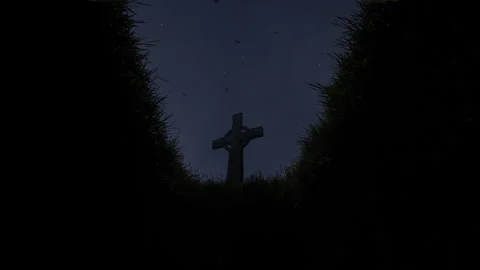 View from the grave of an old cemetery in ruins. Halloween, 3D rendering. Stock Footage 317989853