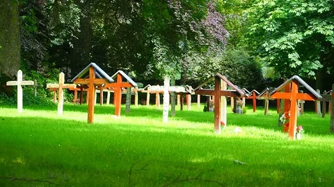 View of the graveyard of the Pluscarden Abbey, Scotland 库存影片 79684426