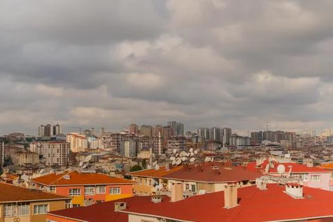View of gray clouds over turkish residential buildings in Istanbul Fotos Stock
