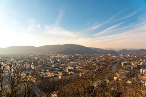 View at Graz city in spring from viewing point at the top of Schlossberg Cast Stock Photos