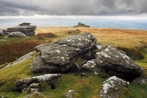 View from Great Links Tor over the Devon countryside, Dartmoor UK Stock Photos