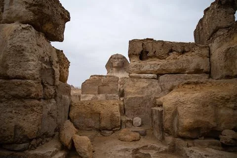View to Great Sphinx through Temple of the Sphinx. Platou Giza, Egypt Stock Photos