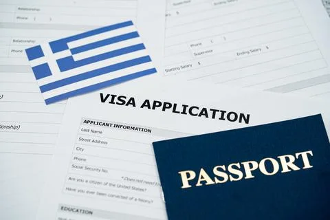 View of Greece visa application form with passport and national flag Stockfoto's