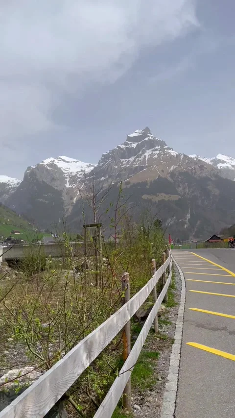 View of green and yellow meadows and grass flowers Natural road in Switzerland 動画素材 276155522