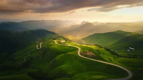 View of the green mountains and hills at sunset Video stock 232199065