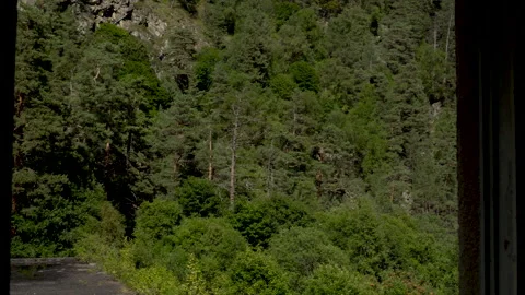 View of the green mountains from the window of an abandoned building. The camera Video stock 140276447