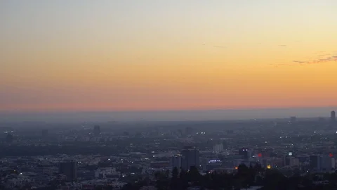 View from the Griffith Observatory on Downtown at the Sunset, in Los Angeles, on Stock Footage 116357387
