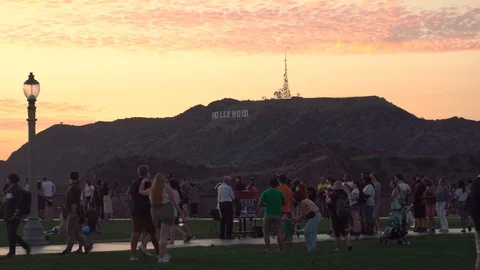 View from the Griffith Observatory Path on Hollywood Sign at the Sunset, in Los Stock Footage 116357065