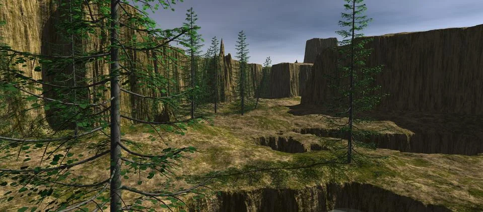 View from ground on pass between plateau Stock Illustration