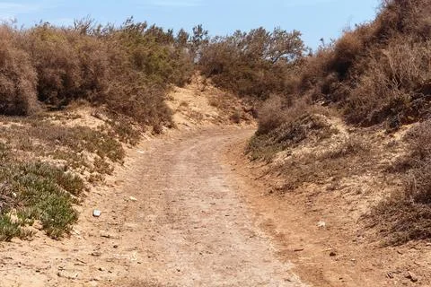 View of the ground road in arid african landscape. Morocco. Stock Photos