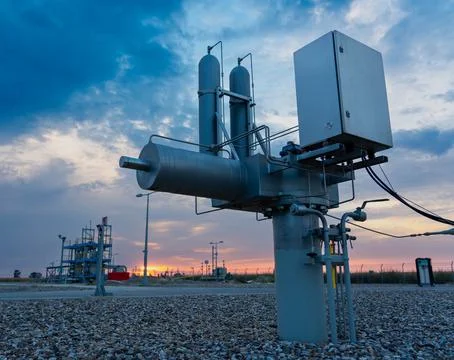 View from the ground of the stem and actuator of an underground gas pipeline Stock Photos