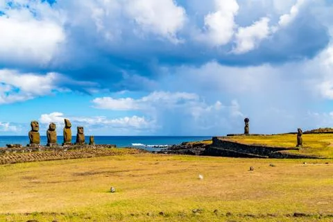 View of the group of five Moai Statues Ahu Vai Uri, Ahu Ko Te Riku with hat a Stock Photos