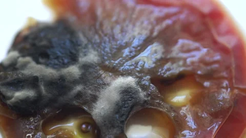 View of growing mold on the surface of a rotten tomato. Video stock 137774355