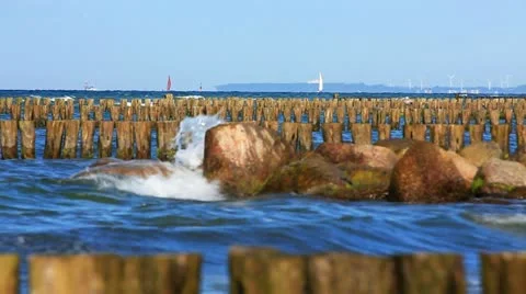 View of Groynes on the German Baltic coast Stock Footage 11134489