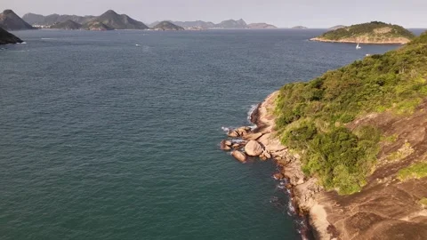 View of Guanabara Bay with rocky cliffs and mountains, Brazil. Видео 336414171