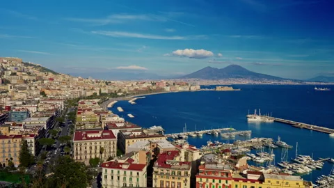 View of the Gulf of Naples with Mount Vesuvius far in the background at sunny Stock Footage 306365867