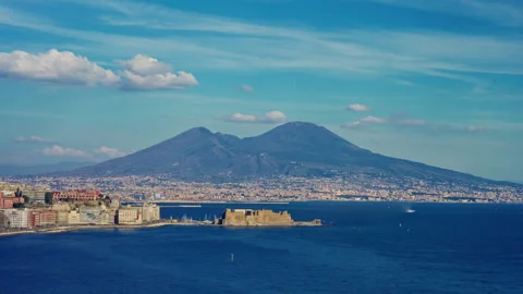 View of the Gulf of Naples with Mount Vesuvius far in the background at sunny Stock Footage 309016335