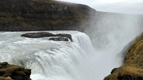 View of Gullfoss waterfall in slow motion, Iceland Stock Footage 89464220