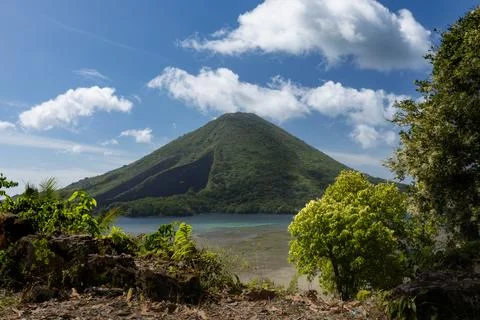 View of Gunung Api volcano from Banda Besar island, Maluku Stock Photos