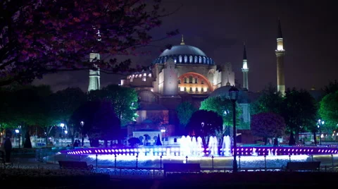 View of Hagia Sofia or Ayasofya at night in Istanbul, Turkey, 4K time lapse. Stock Footage 65251421
