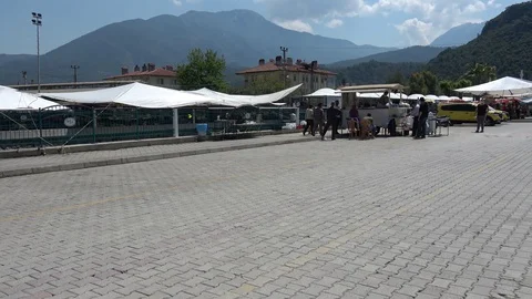 View on the half empty market place during quarantine Stock Footage 128621759