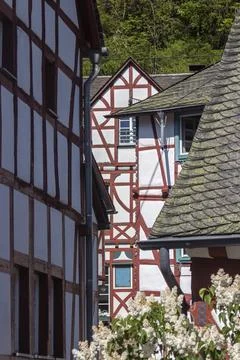 View on half-timbered houses with slate roof in the village Monreal, Eifel, Fotos Stock