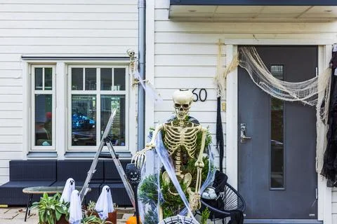 View of Halloween skeleton decorations, ghosts and cobwebs at house entrance Stock Photos