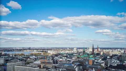 View of hamburg with fluffy clouds by day timelapse Stock Footage 74126356
