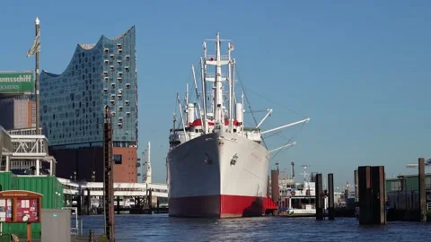 View of Hamburg harbor on the Elbe river and the Elbphilharmonie concert hall Stock Footage 296195063